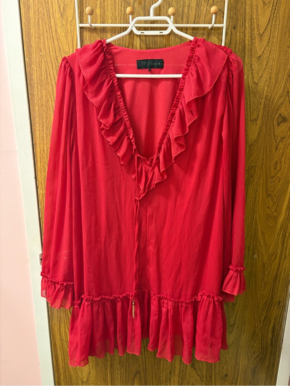 Women’s Red Ruffled V-Neck Tunic Top - Zara